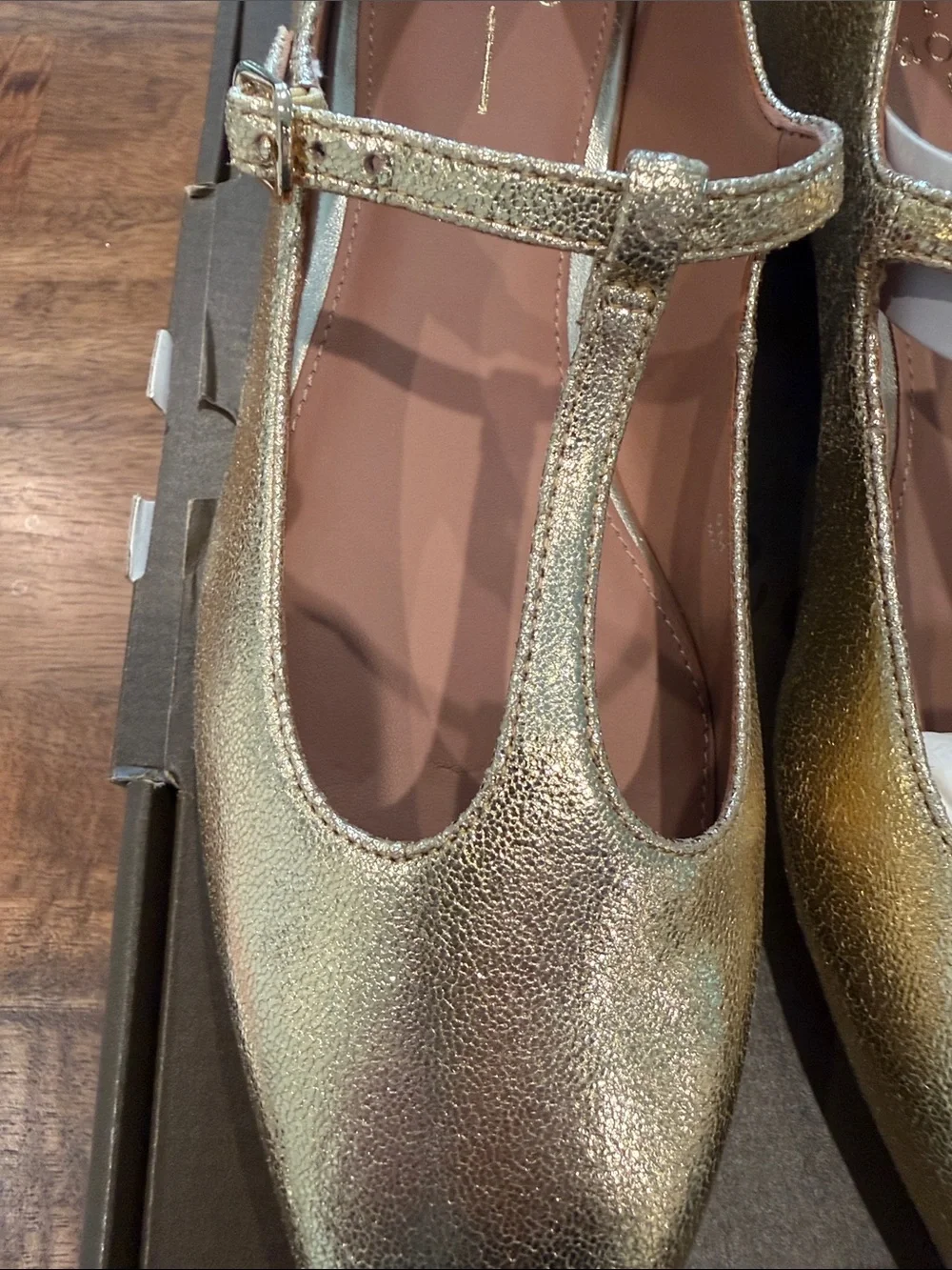Paolo Metallic Gold T-Strap Square-Toe Flats